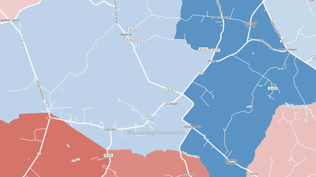 Oldhams, VA block-group political-lean map