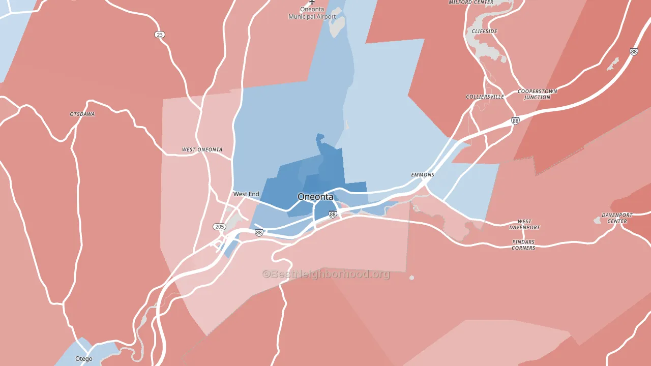 Oneonta, NY block-group political-lean map