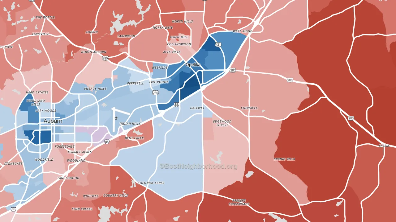 Opelika, AL block-group political-lean map