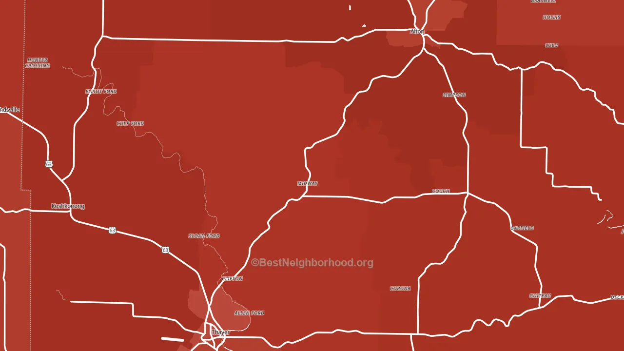 Oregon County, MO block-group political-lean map