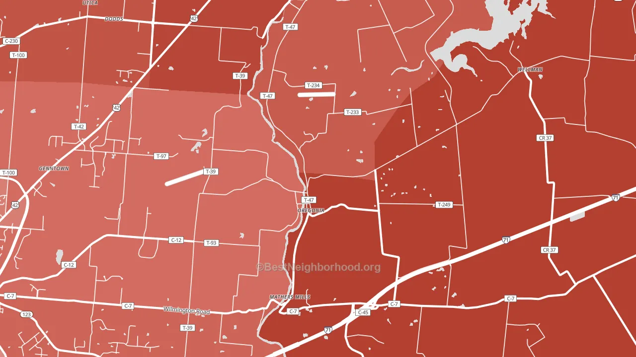 Oregonia, OH block-group political-lean map