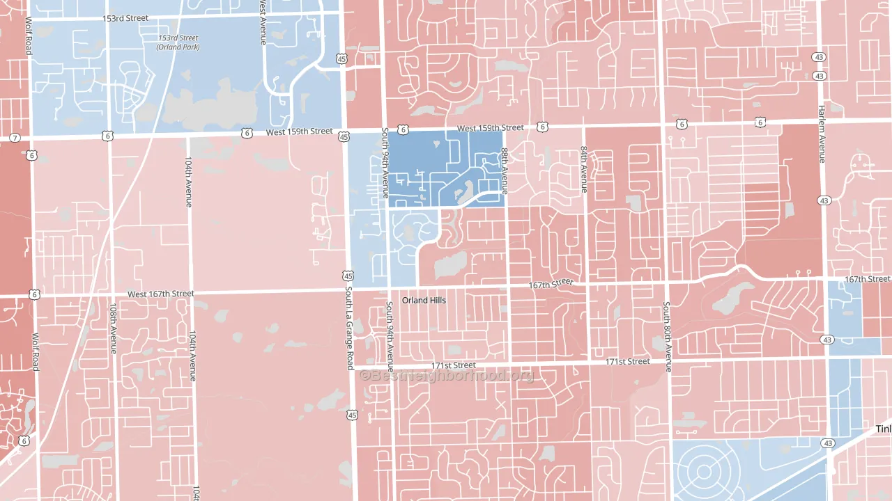 Orland Hills, IL block-group political-lean map