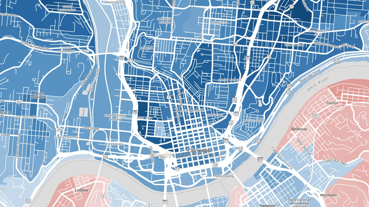 Over-the-Rhine, Cincinnati, OH block-group political-lean map