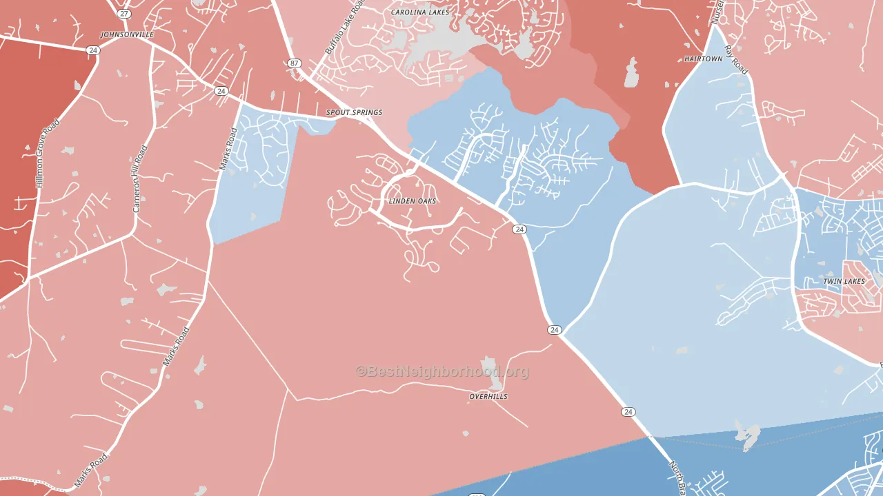 Overhills, NC block-group political-lean map