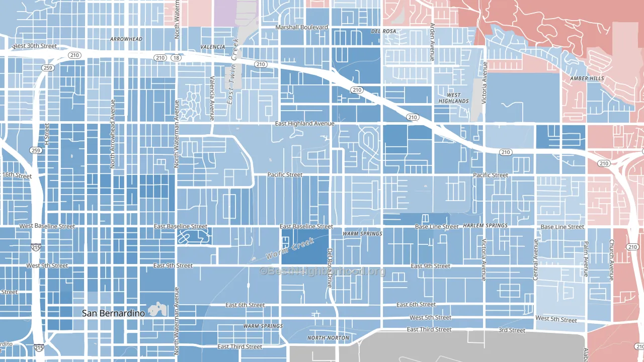 Pacific-Riverside, San Bernardino, CA block-group political-lean map