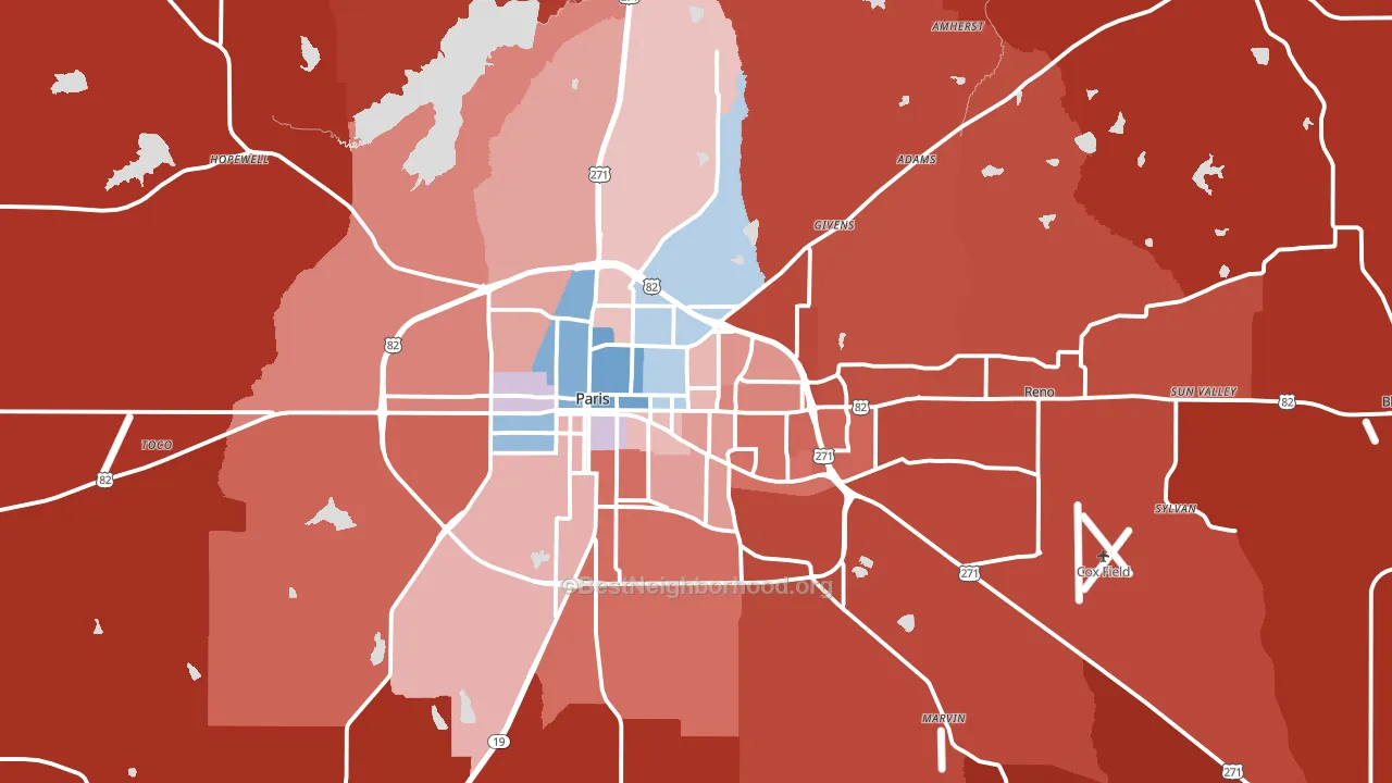 Paris, TX block-group political-lean map