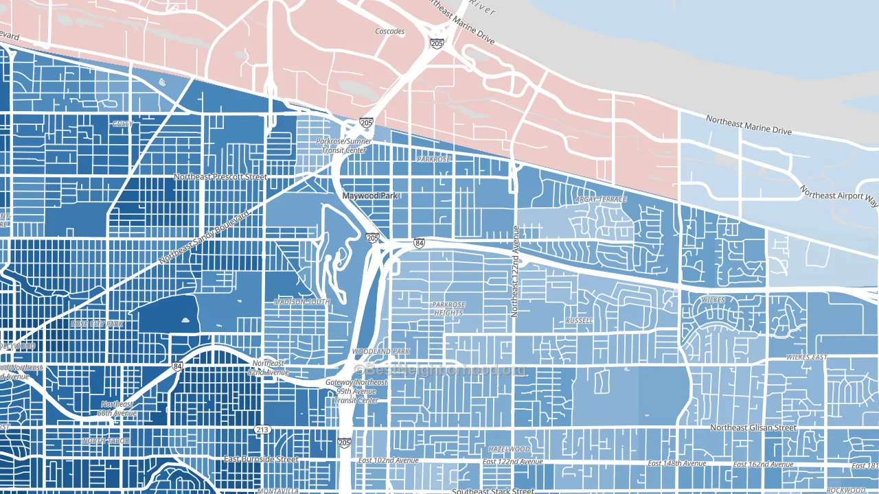 Parkrose, Portland, OR block-group political-lean map