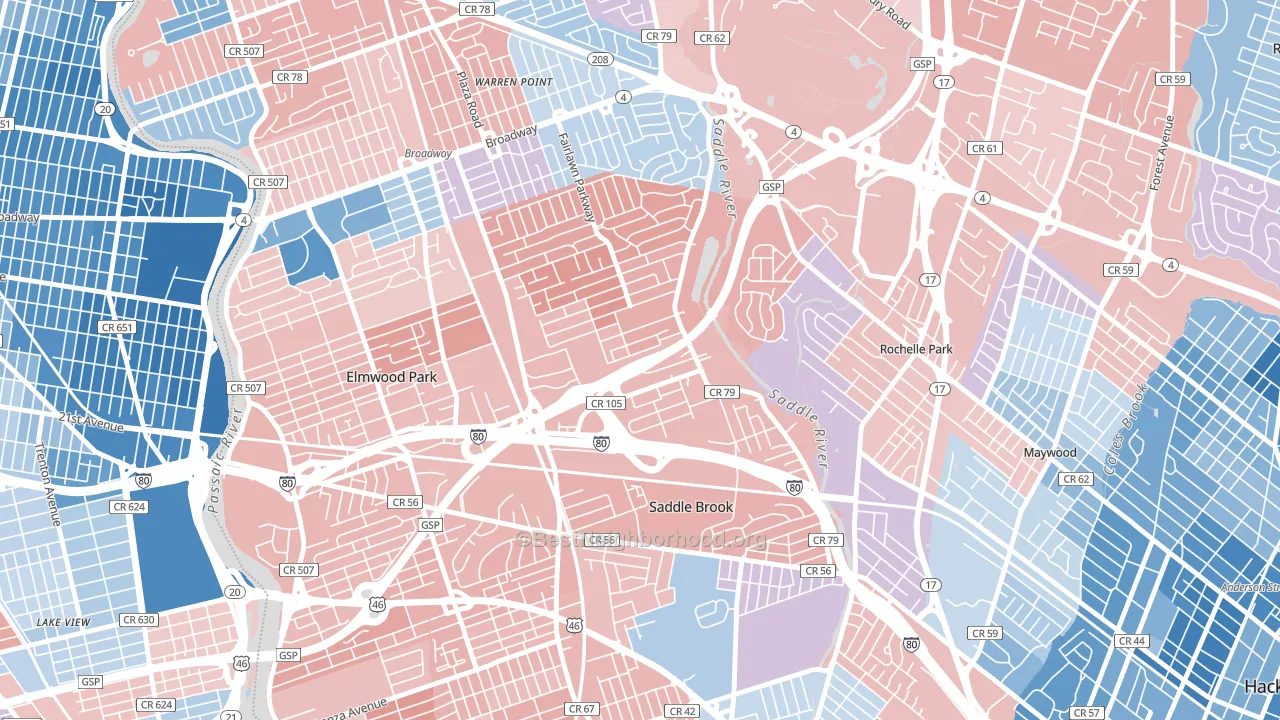 Passaic Junction, Saddle Brook, NJ block-group political-lean map