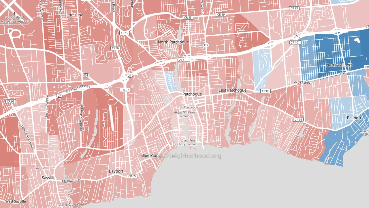 Patchogue, NY block-group political-lean map