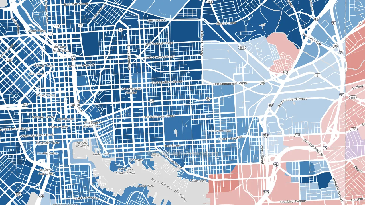 Patterson Park, Baltimore, MD block-group political-lean map