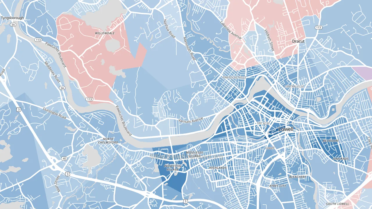 Pawtucketville, Lowell, MA block-group political-lean map