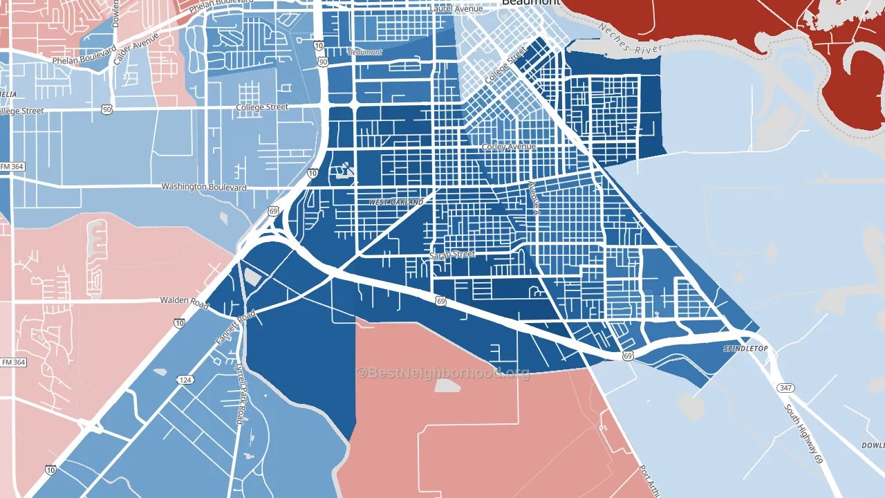 Pear Orchard, Beaumont, TX block-group political-lean map