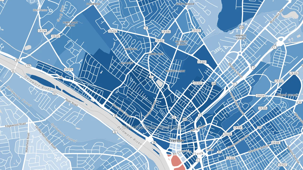 Pennington-Prospect, Trenton, NJ block-group political-lean map