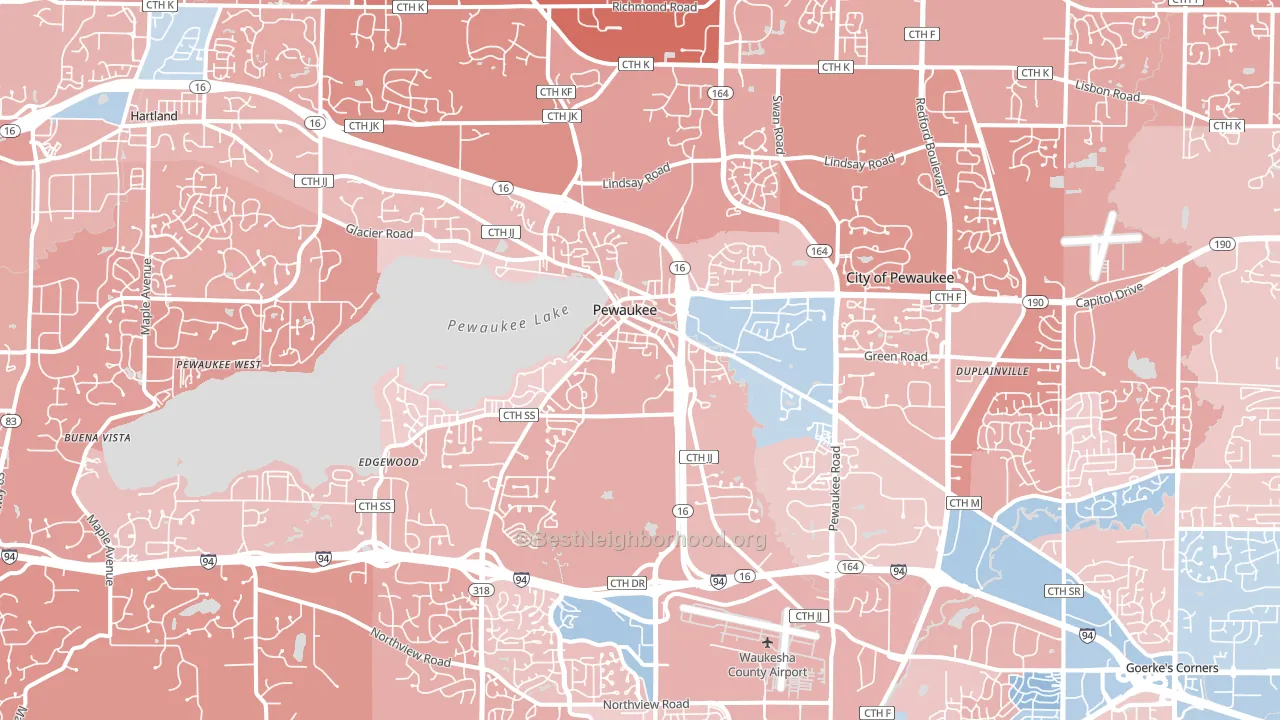 Pewaukee, WI block-group political-lean map