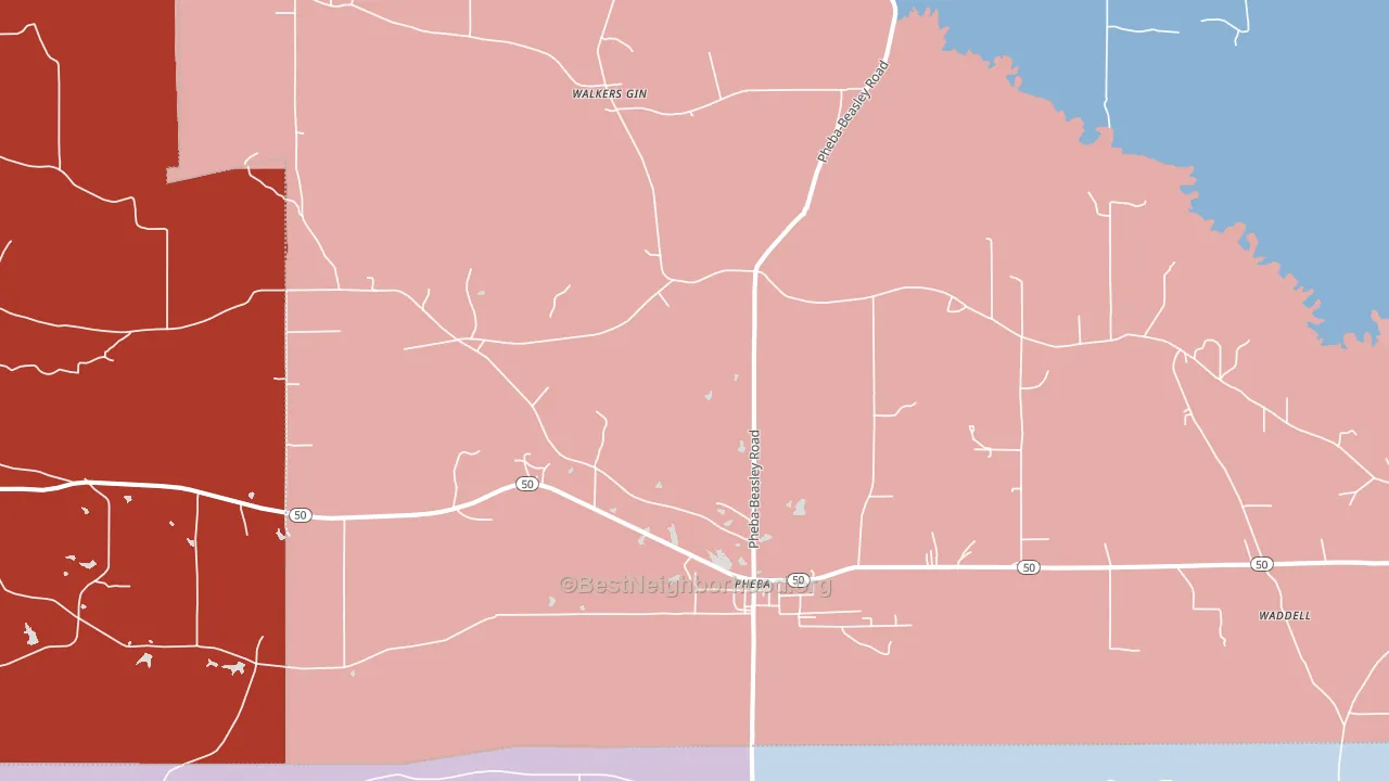 Pheba, MS block-group political-lean map
