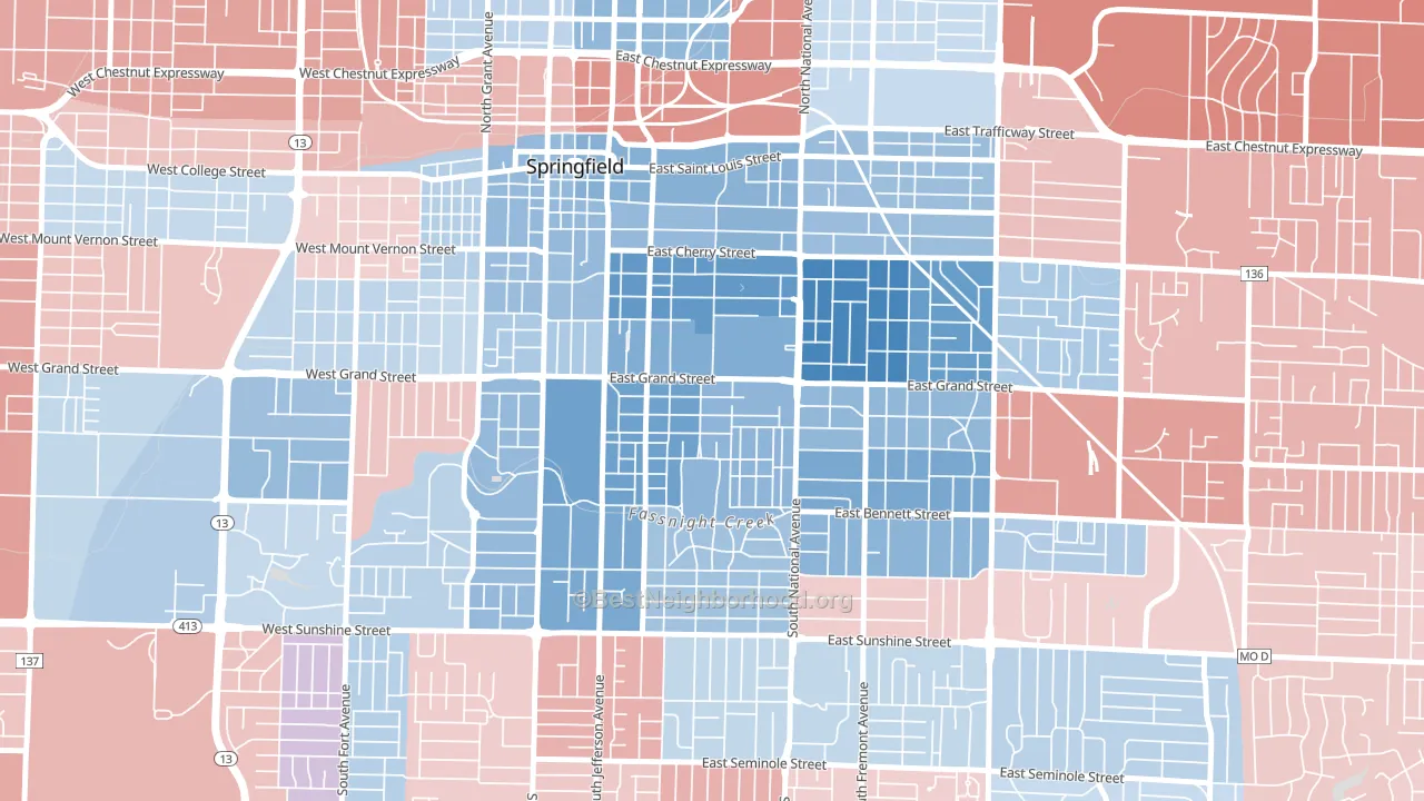 Phelps, Springfield, MO block-group political-lean map