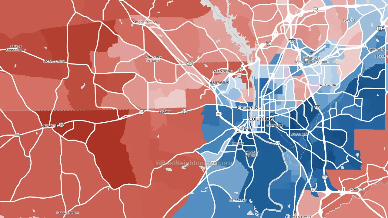 Phenix City, AL block-group political-lean map