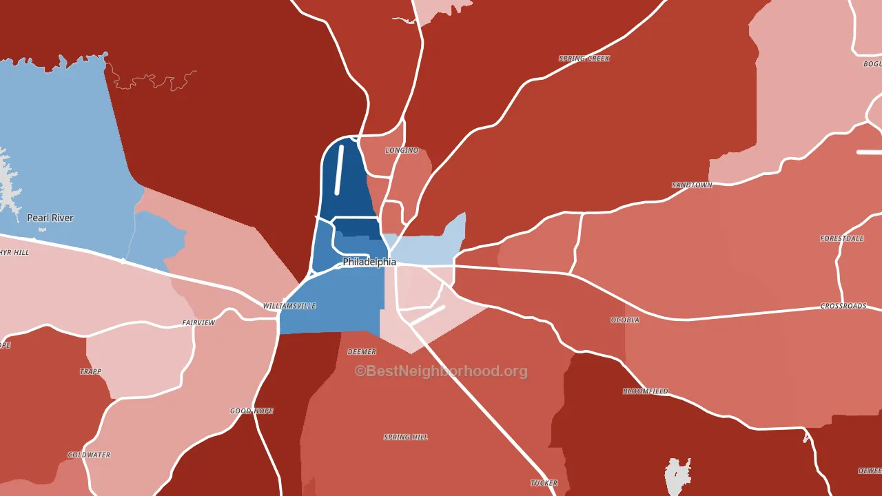 Philadelphia, MS block-group political-lean map