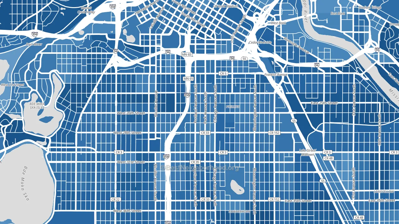 Phillips West, Minneapolis, MN block-group political-lean map