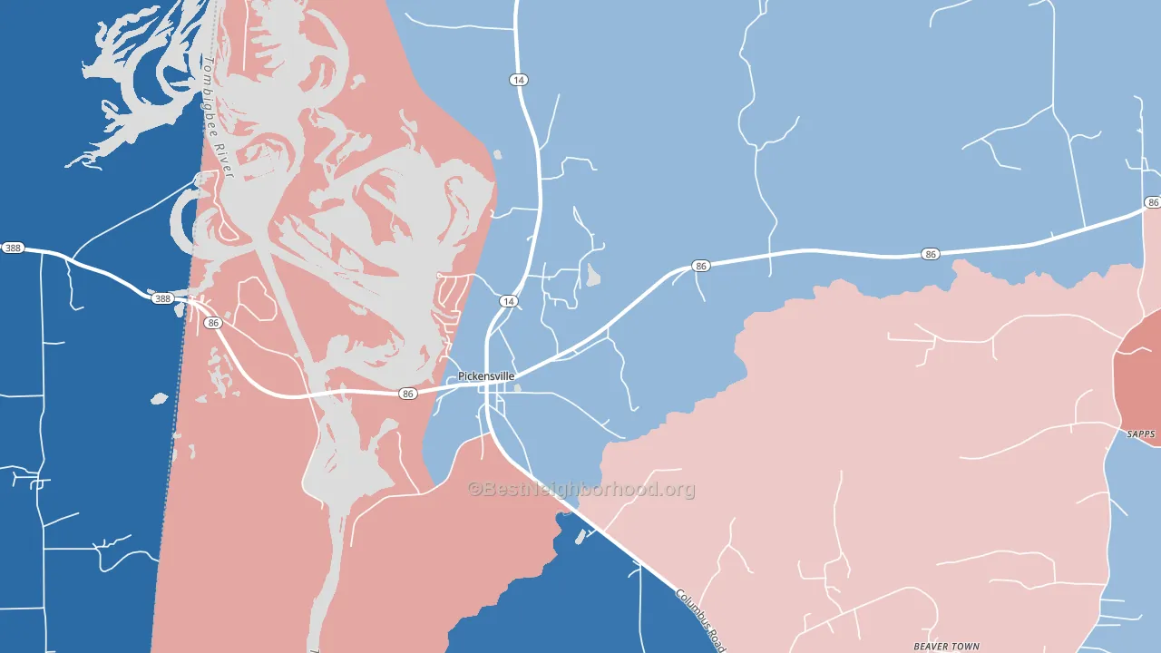 Pickensville, AL block-group political-lean map