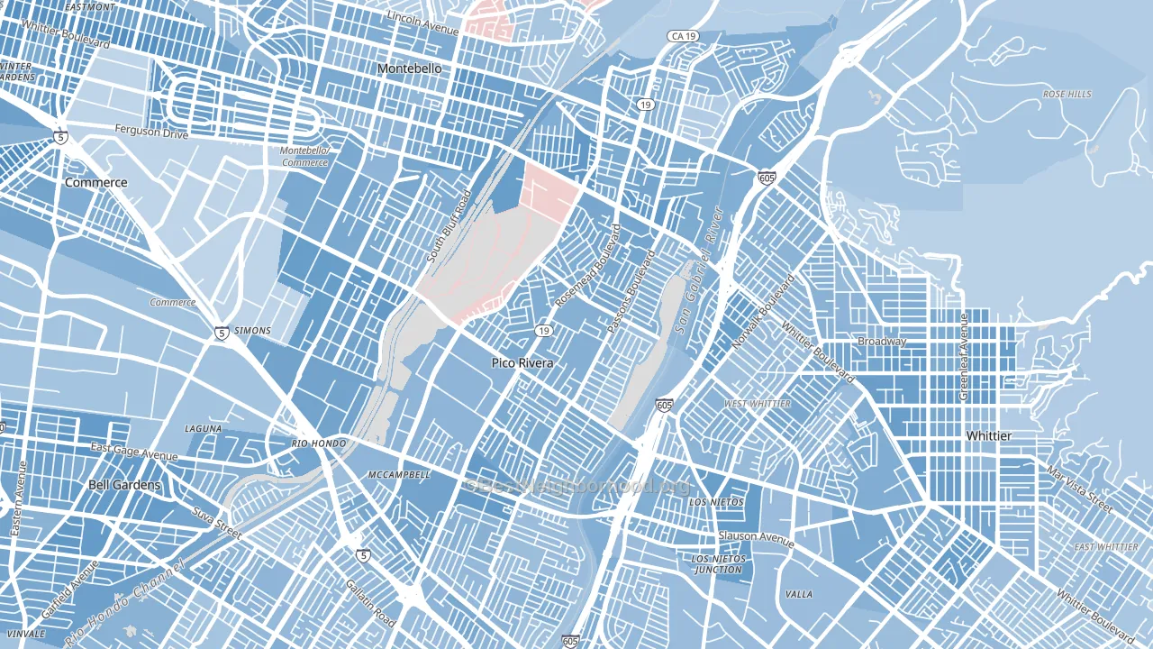 Pico Rivera, CA block-group political-lean map