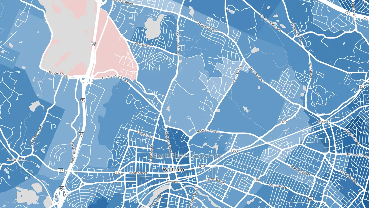 Piety Corner, Waltham, MA block-group political-lean map