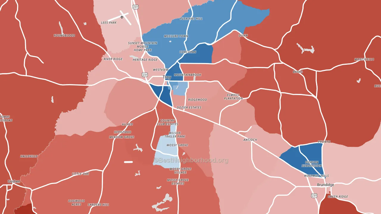 Pike County, AL block-group political-lean map