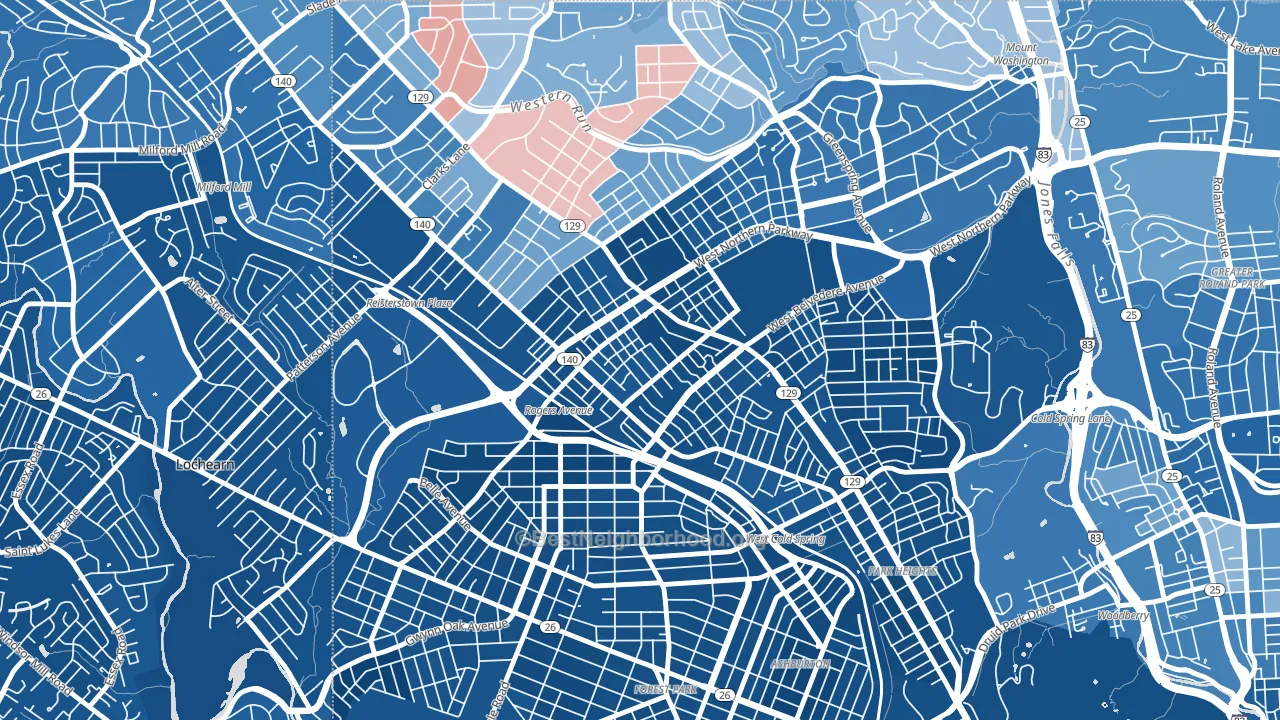 Pimlico, Baltimore, MD block-group political-lean map