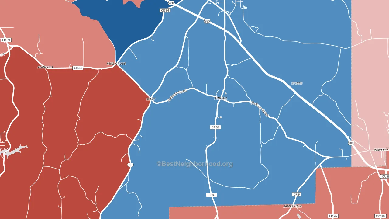 Pinnell, AL block-group political-lean map