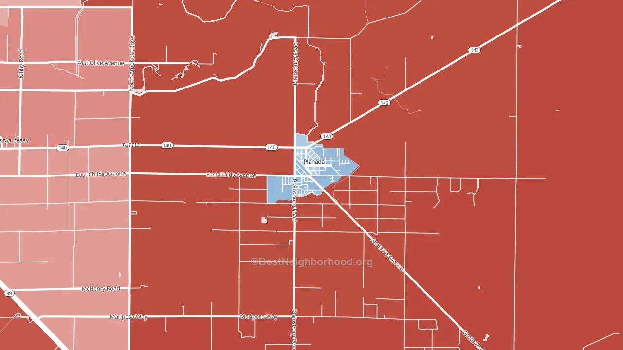 Planada, CA block-group political-lean map