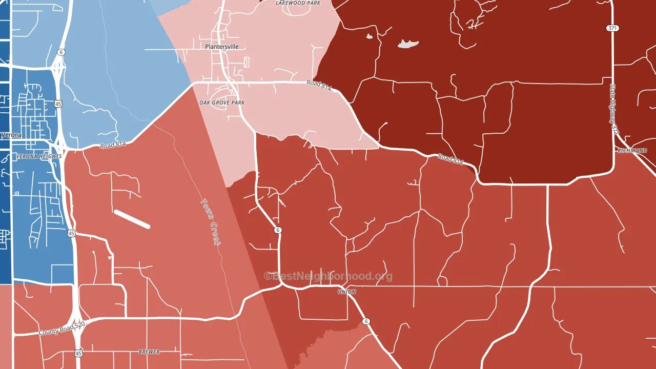 Plantersville, MS block-group political-lean map