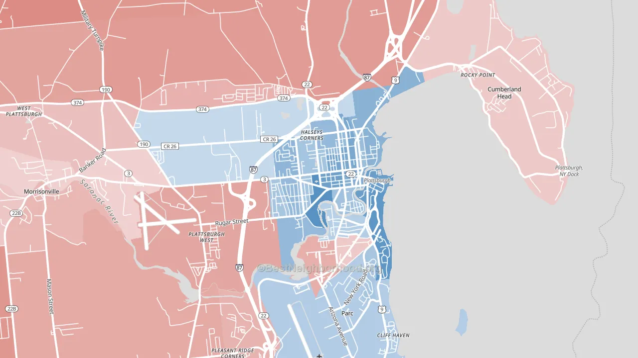 Plattsburgh, NY block-group political-lean map