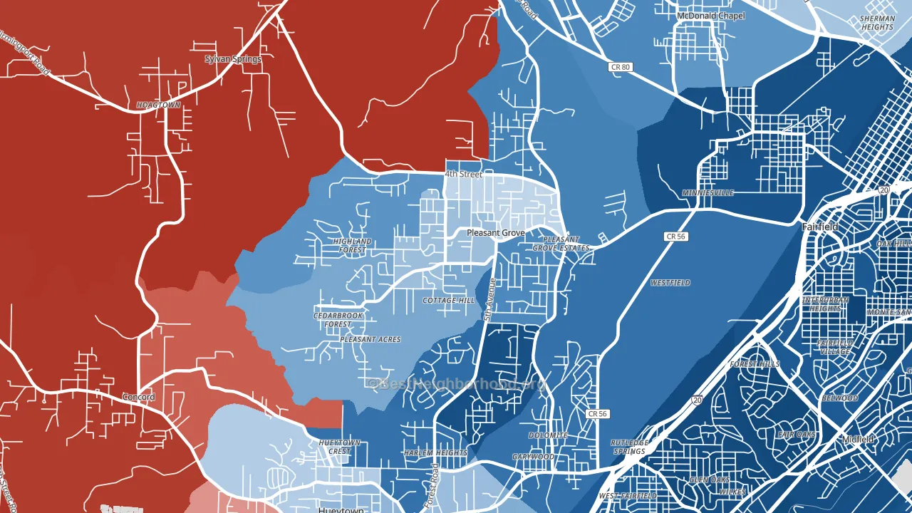 Pleasant Grove, AL block-group political-lean map