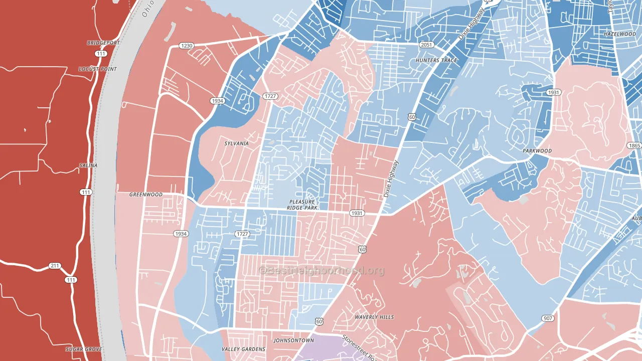 Pleasure Ridge Park, Louisville, KY block-group political-lean map