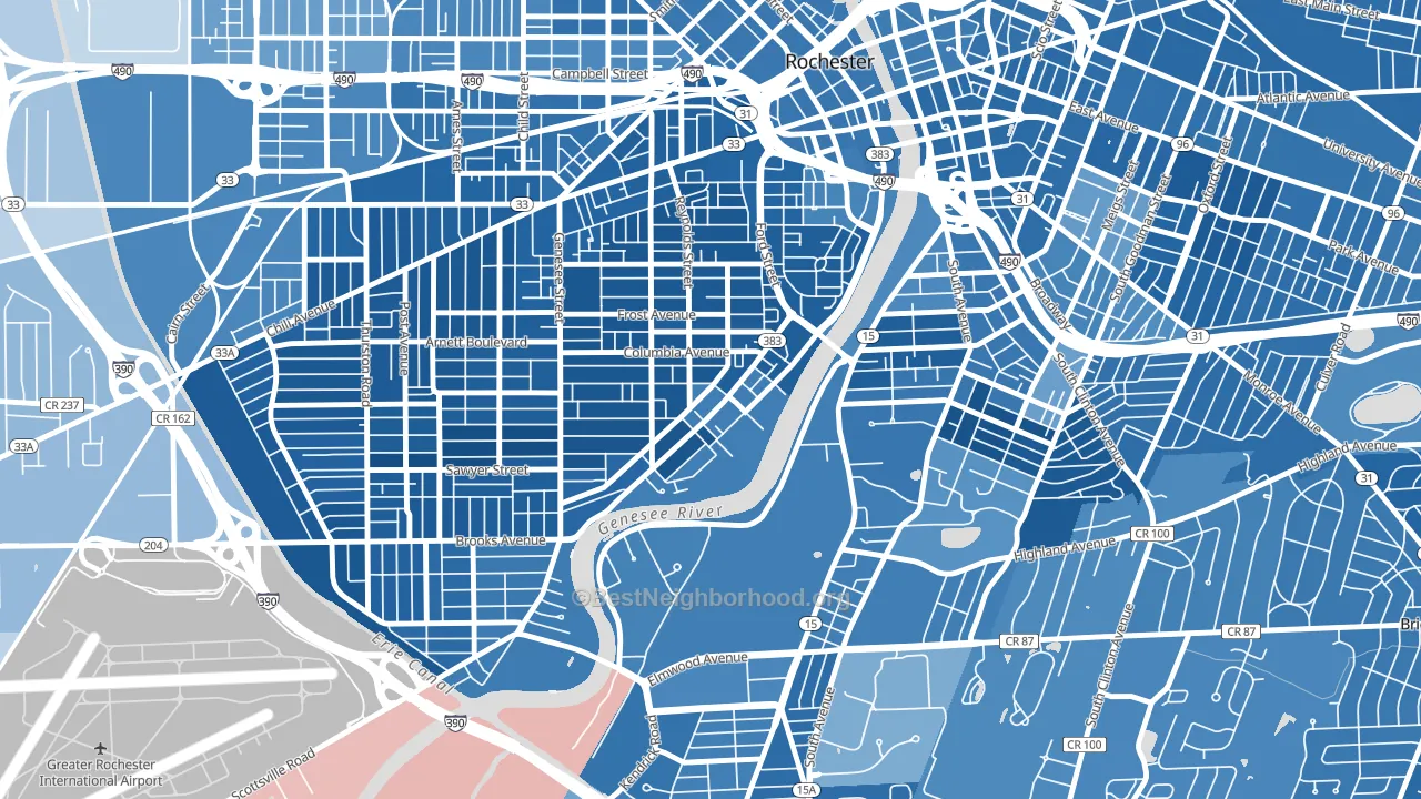 Plymouth-Exchange, Rochester, NY block-group political-lean map