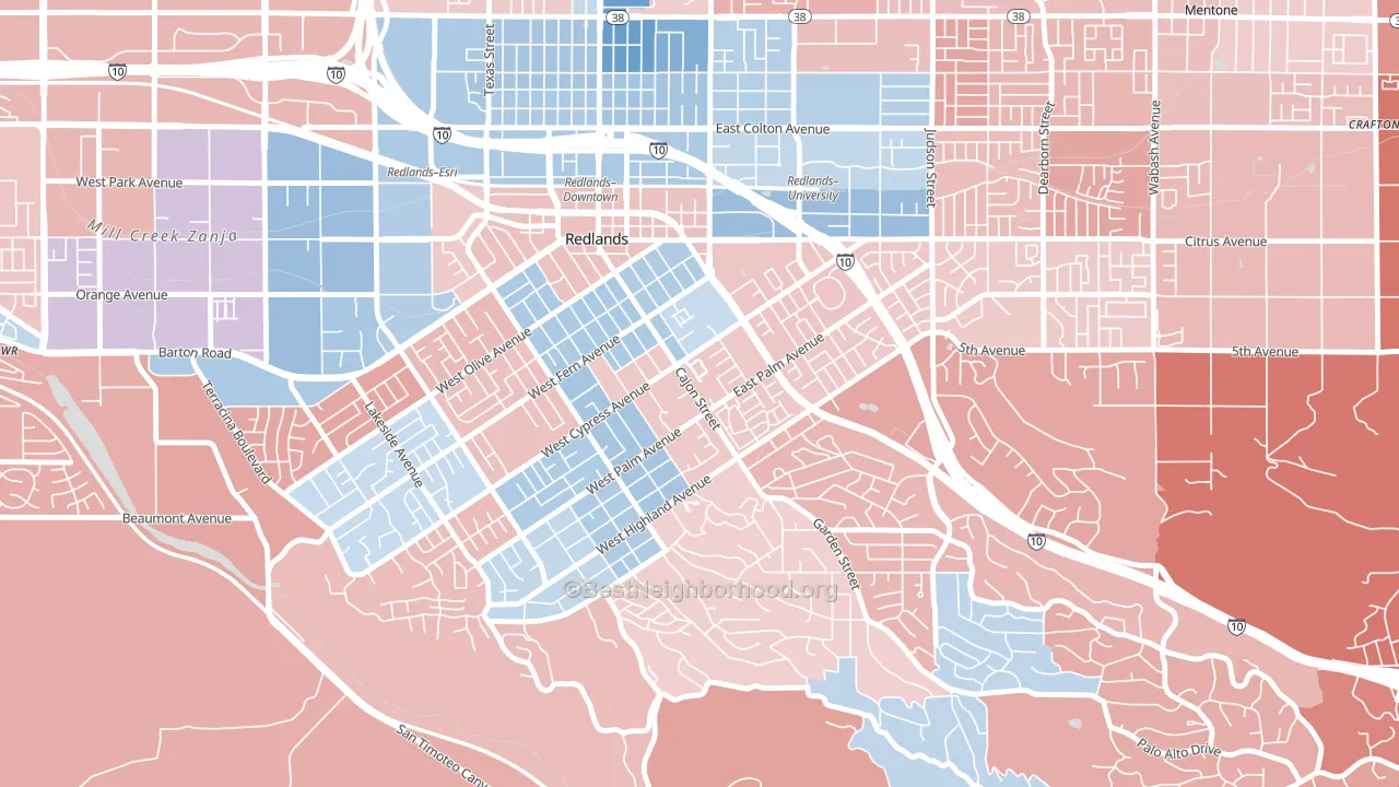 Plymouth Village, Redlands, CA block-group political-lean map
