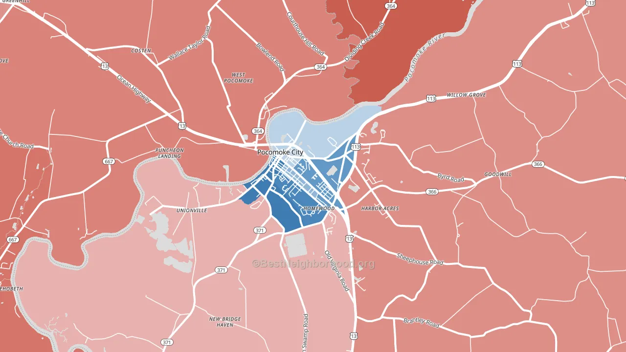 Pocomoke City, MD block-group political-lean map