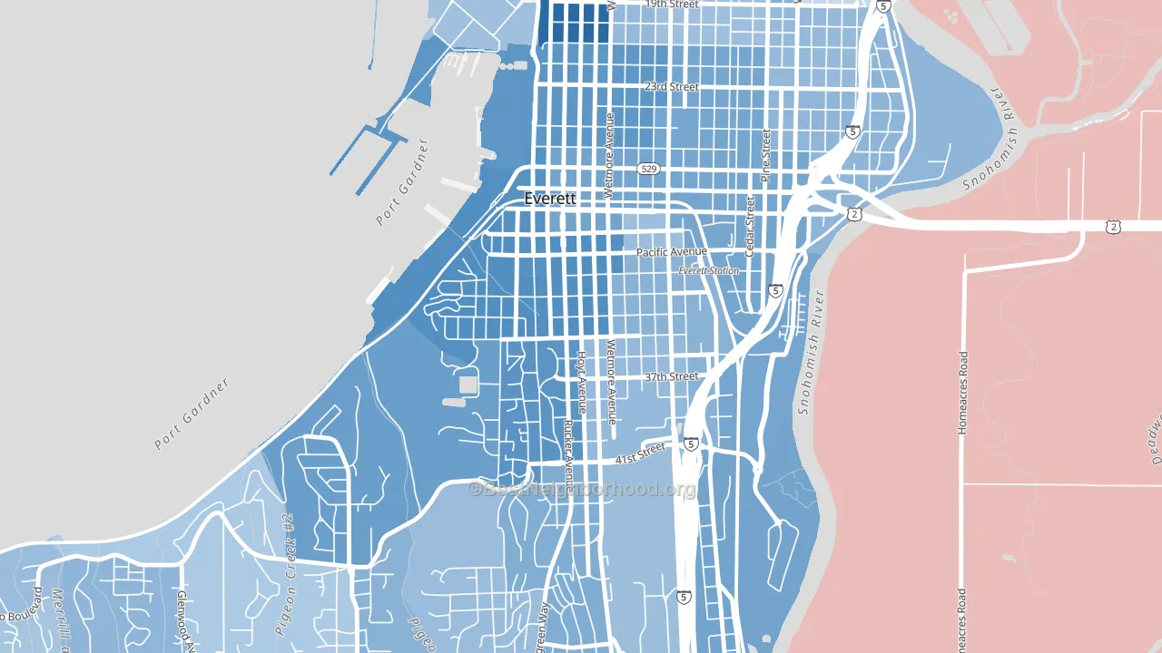 Port Gardner, Everett, WA block-group political-lean map