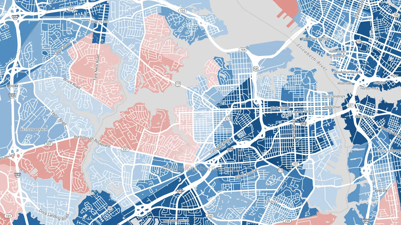 Portsmouth City, VA block-group political-lean map