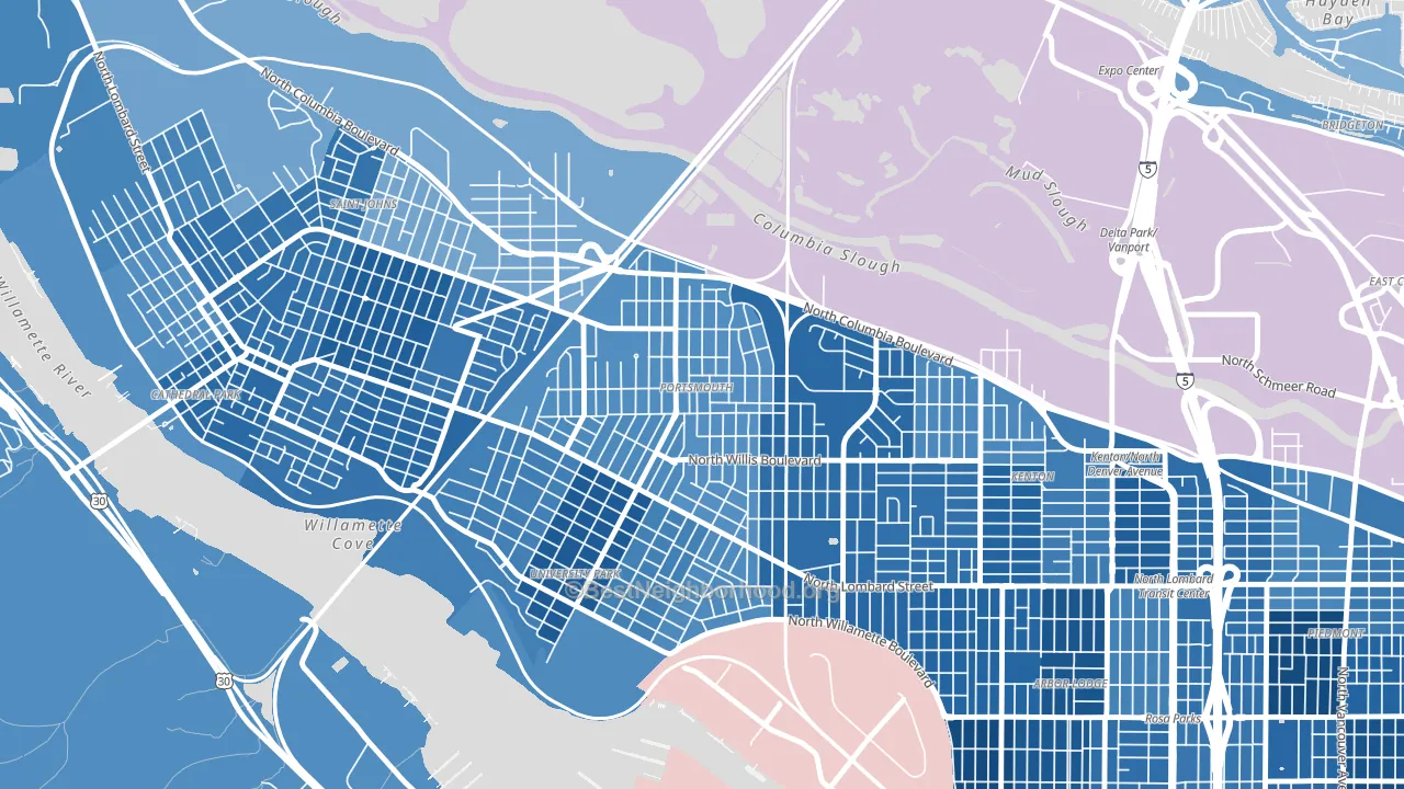Portsmouth, Portland, OR block-group political-lean map