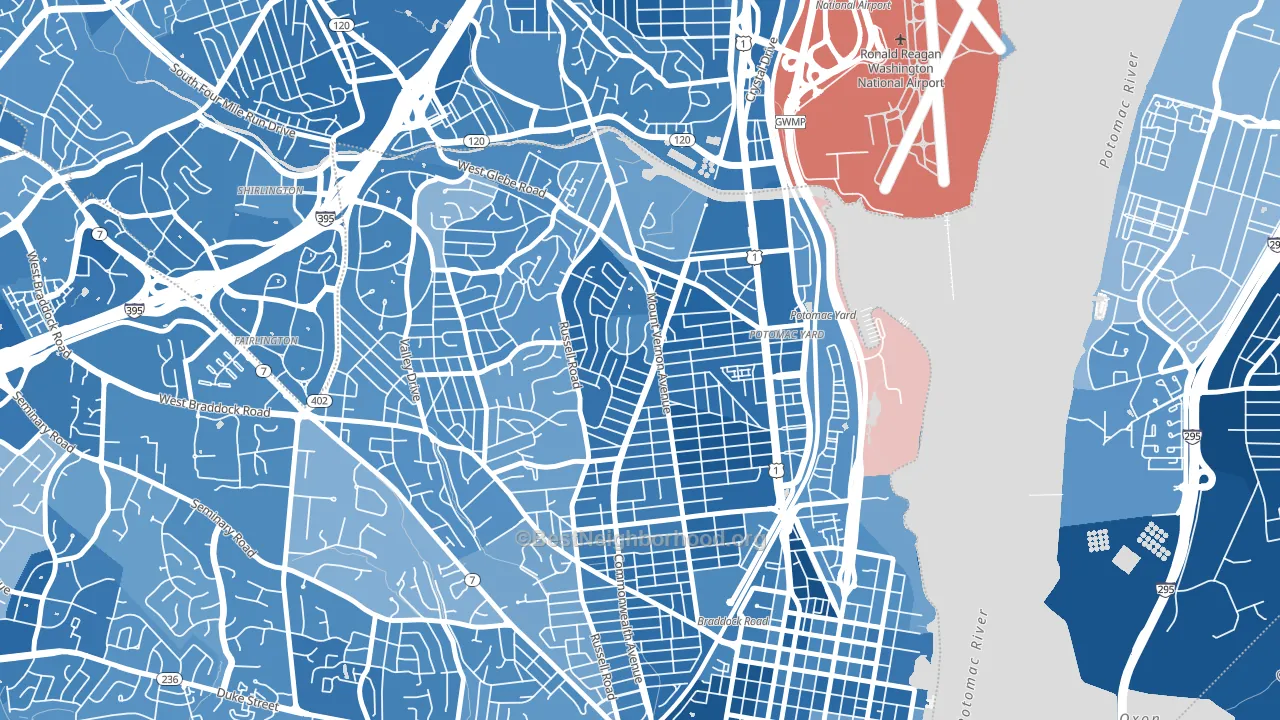 Potomac West, Alexandria, VA block-group political-lean map