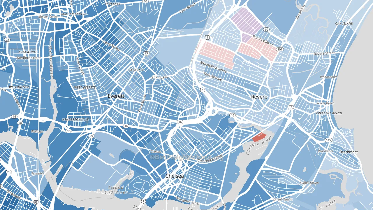 Prattville, Chelsea, MA block-group political-lean map