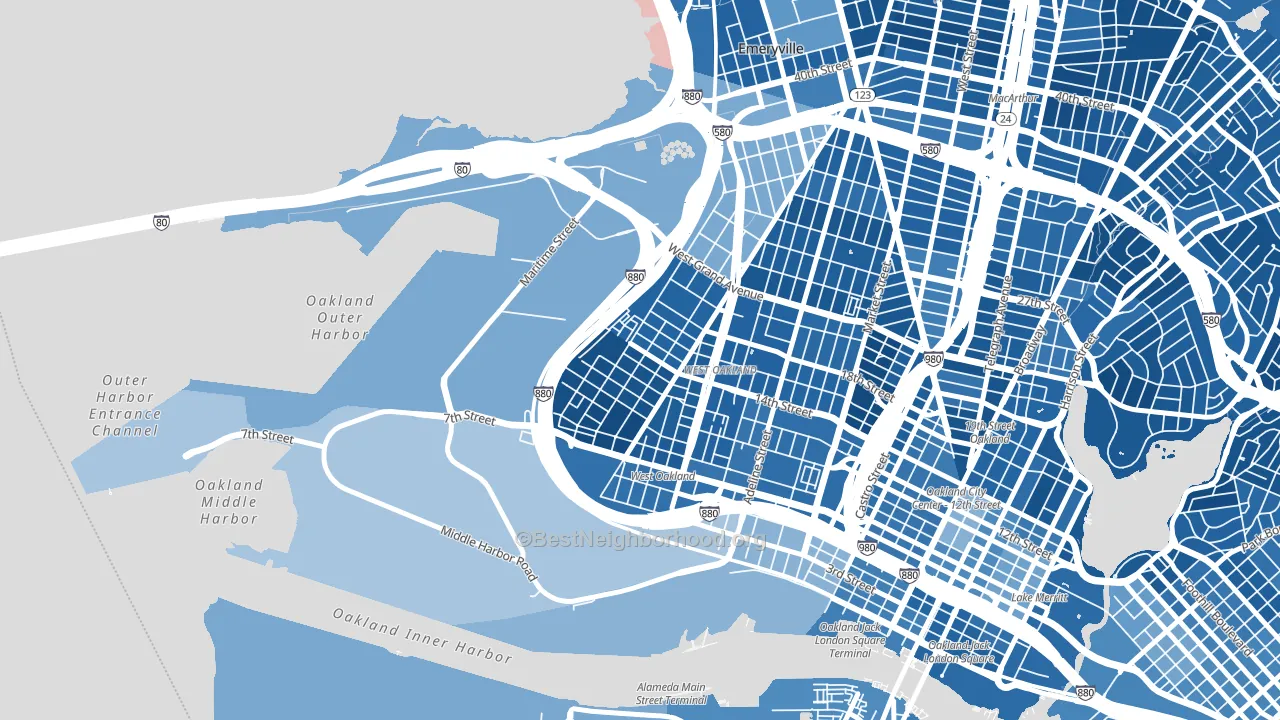 Prescott, Oakland, CA block-group political-lean map