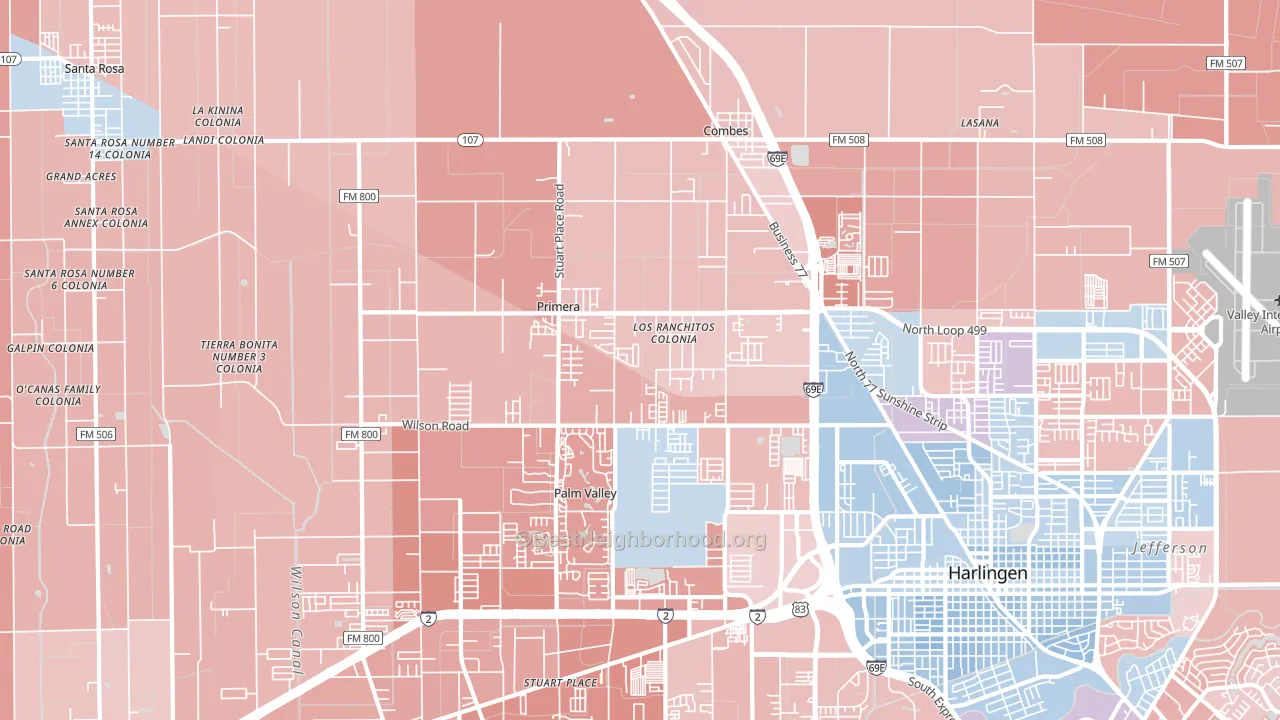 Primera, TX block-group political-lean map