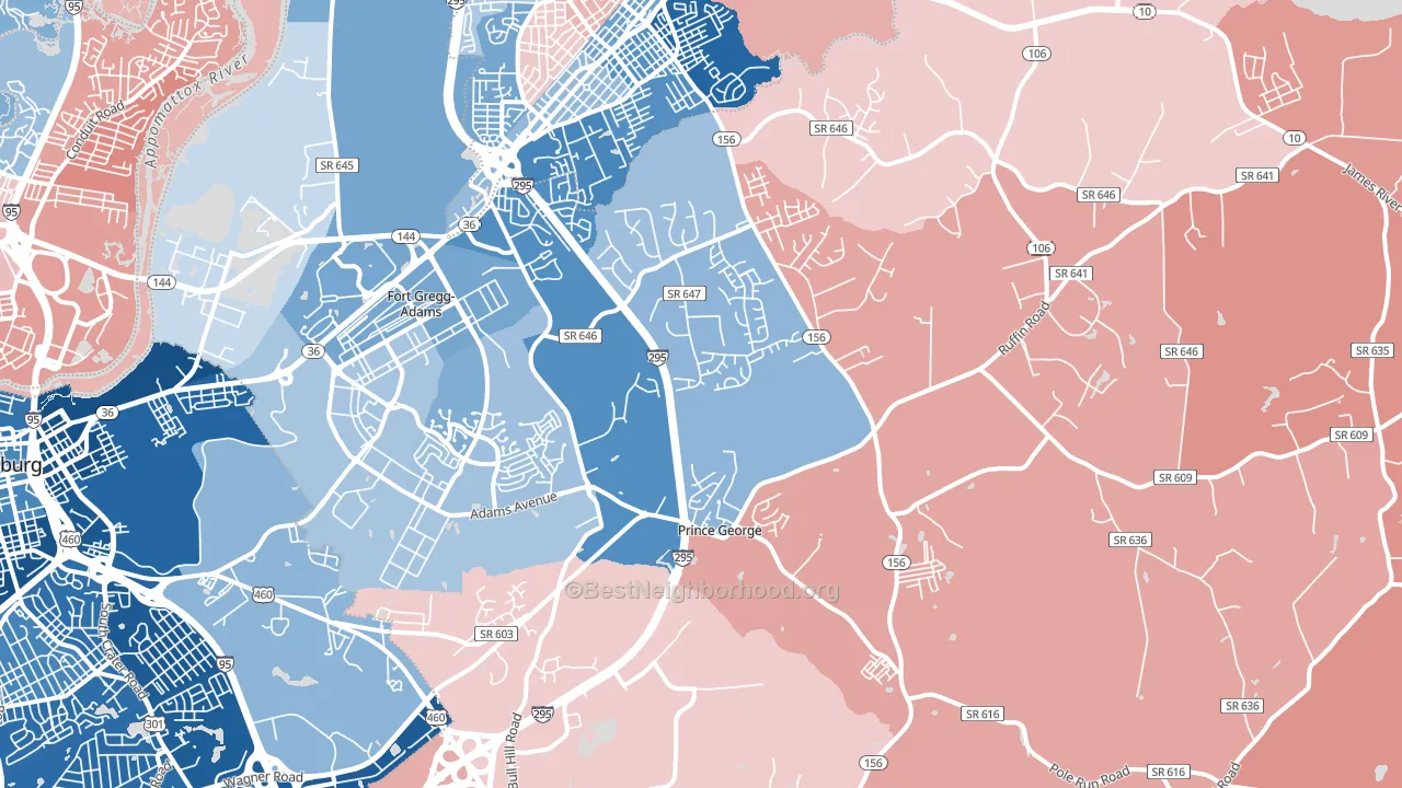 Prince George, VA block-group political-lean map
