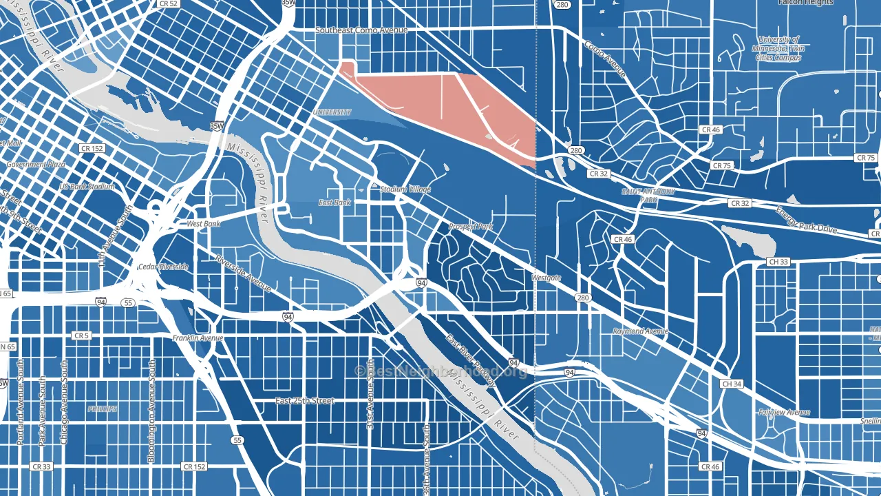 Prospect Park, Minneapolis, MN block-group political-lean map