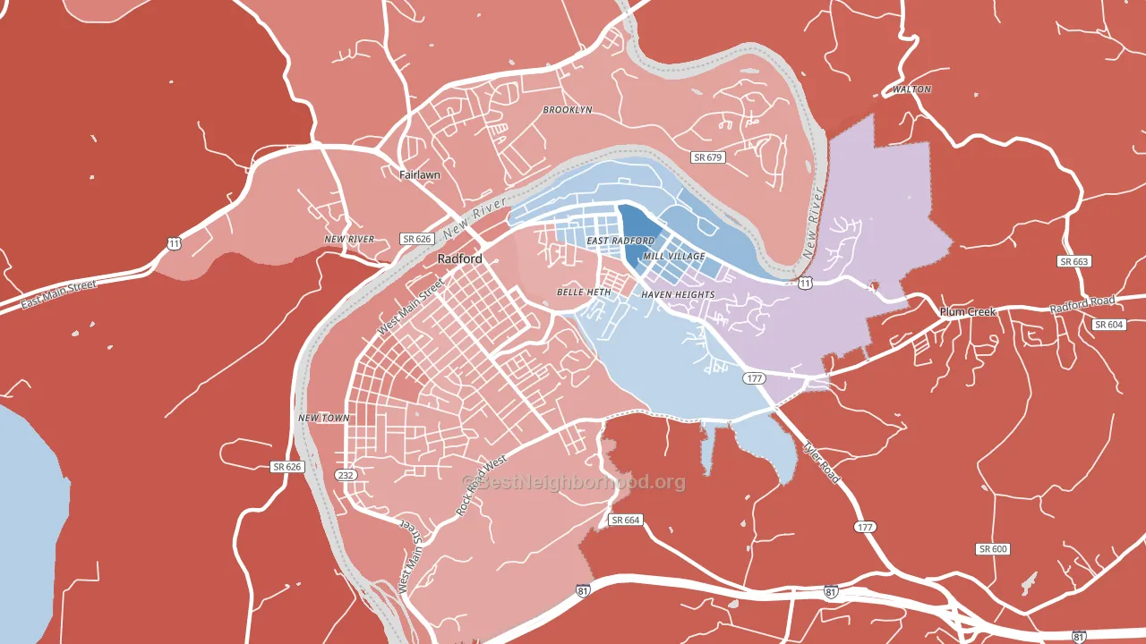 Radford City, VA block-group political-lean map