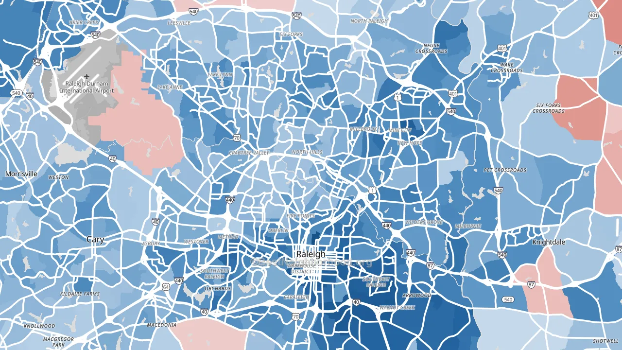 Raleigh, NC block-group political-lean map