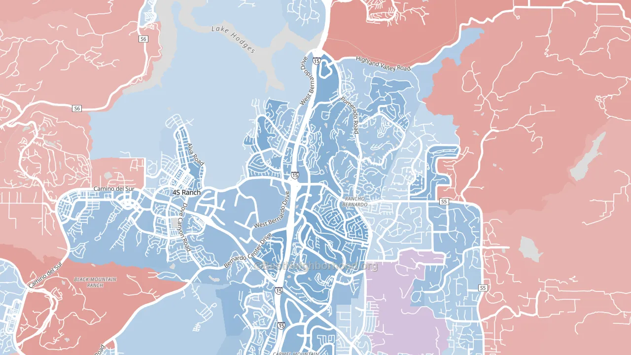 Rancho Bernadino, San Diego, CA block-group political-lean map