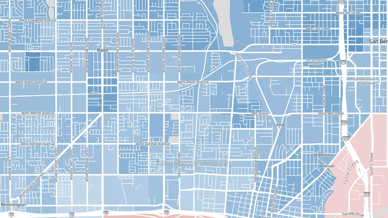 Rancho West, San Bernardino, CA block-group political-lean map